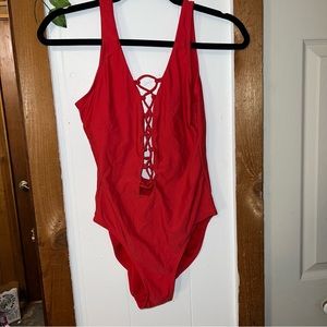 Red Lace-Up One Piece Swimsuit Rue Bleu